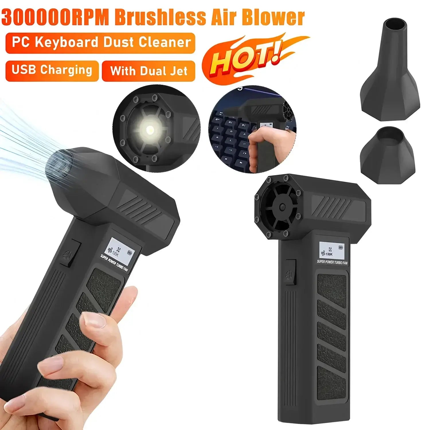300000RPM Portable Electric Turbo Jet Blower with dual jet, USB charging, and keyboard cleaning capabilities.
