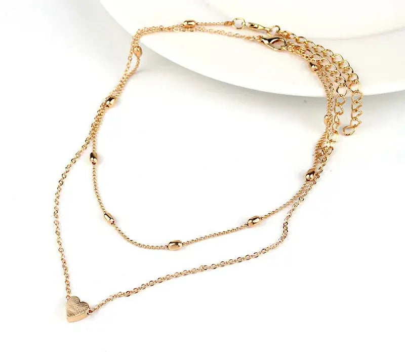 Elevate Your Style with Our Double Layer Heart Pendant Necklace - Gold Color Bohemia Choker for Women