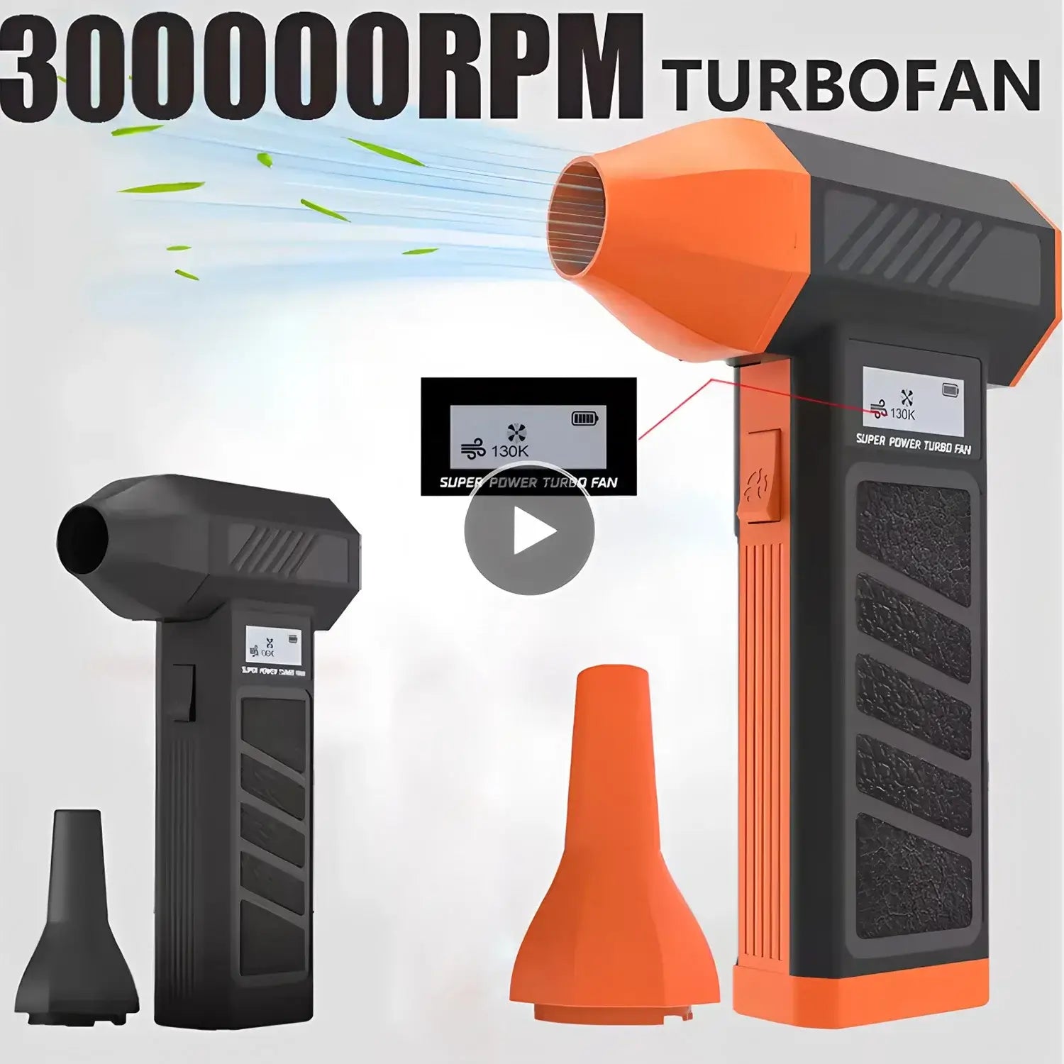 300000RPM Portable Electric Turbo Jet Blower in a dynamic design with airflow display, ideal for cleaning and drying.