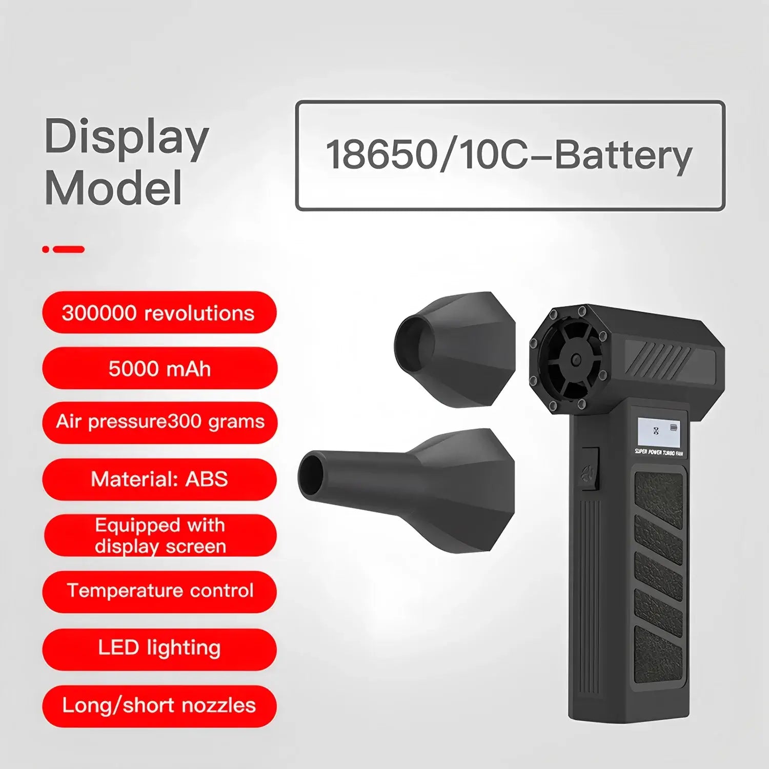 300000RPM Portable Electric Turbo Jet Blower specifications including battery type and features.