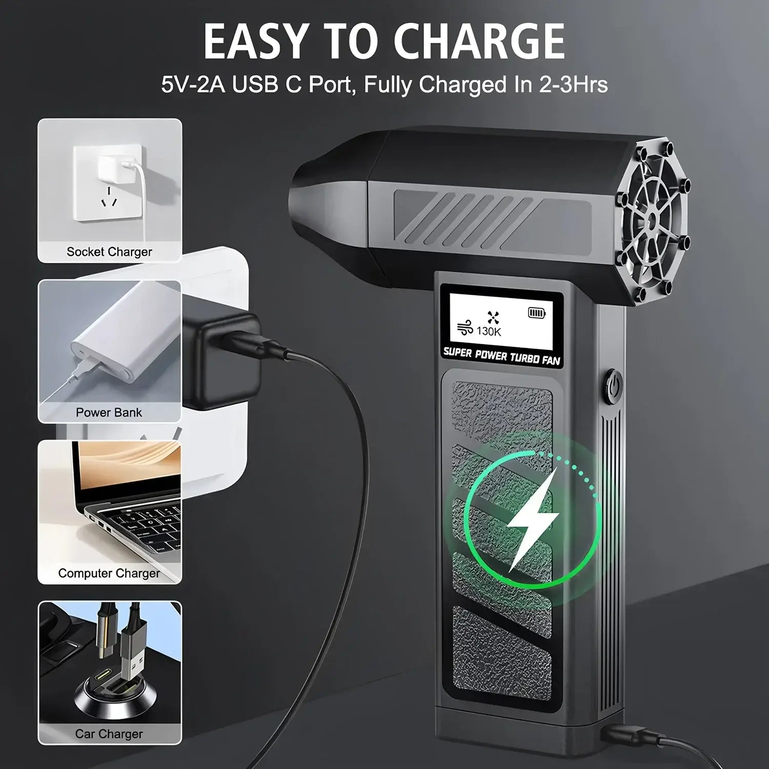 300000RPM Portable Electric Turbo Jet Blower showing easy charging options with USB-C port.
